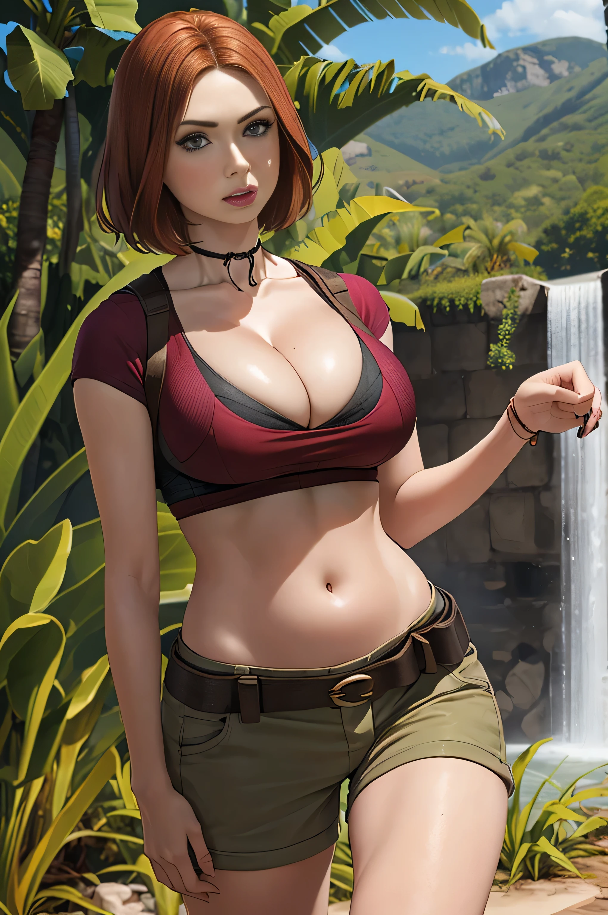 Karen Gillan, masterpiece quality, (masterpiece quality:1.5), high res, realistic, lots of detail, alone, 1girl, (1girl:1.9), solo, (solo:1.9), in a jungle, ancient ruins in background, wearing red blouse, midriff, (midriff:1.5), wearing khaki cargo shorts, short hair, thin body, small breasts, (big breasts:1.5), lots of cleavage, (cleavage:1.5), 