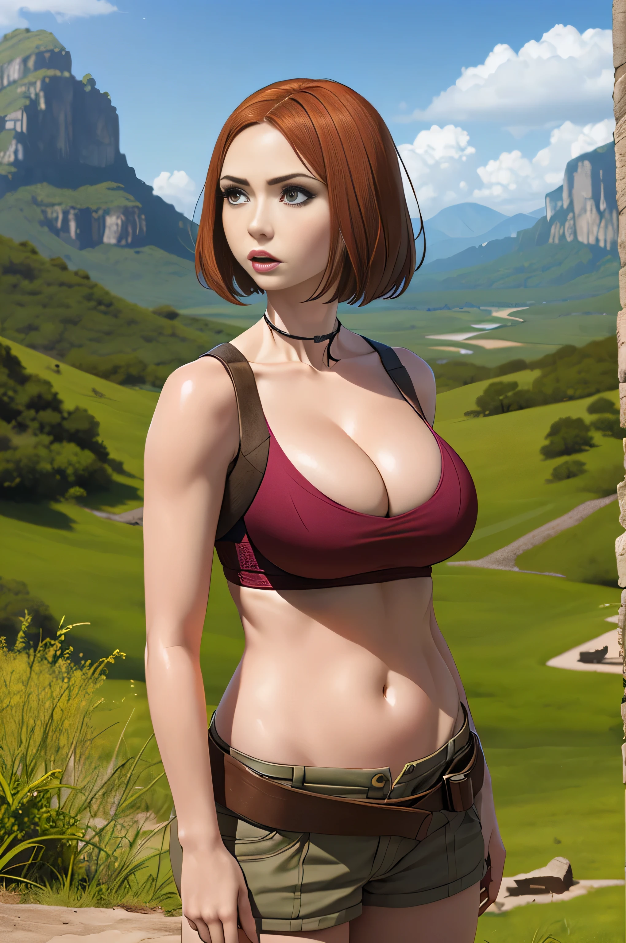 Karen Gillan, masterpiece quality, (masterpiece quality:1.5), high res, realistic, lots of detail, alone, 1girl, (1girl:1.9), solo, (solo:1.9), in a jungle, ancient ruins in background, wearing red blouse, midriff, (midriff:1.5), wearing khaki cargo shorts, short hair, thin body, small breasts, (big breasts:1.5), lots of cleavage, (cleavage:1.5),