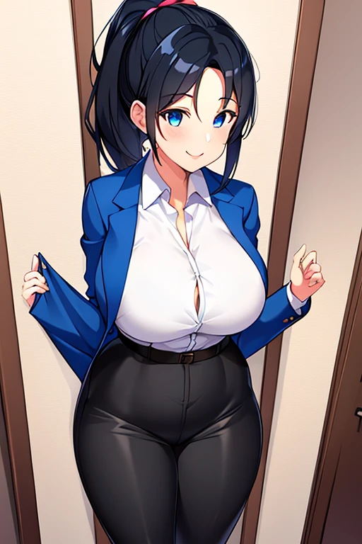 1girl, hourglass figure, mature female, milf, large breasts, ponytail, blue jacket, black hair, blue eyes, smile, black pants, shirt, white shirt, jacket, pants, long ponytail, large ponytail, very short hair, pixie cut, forehead