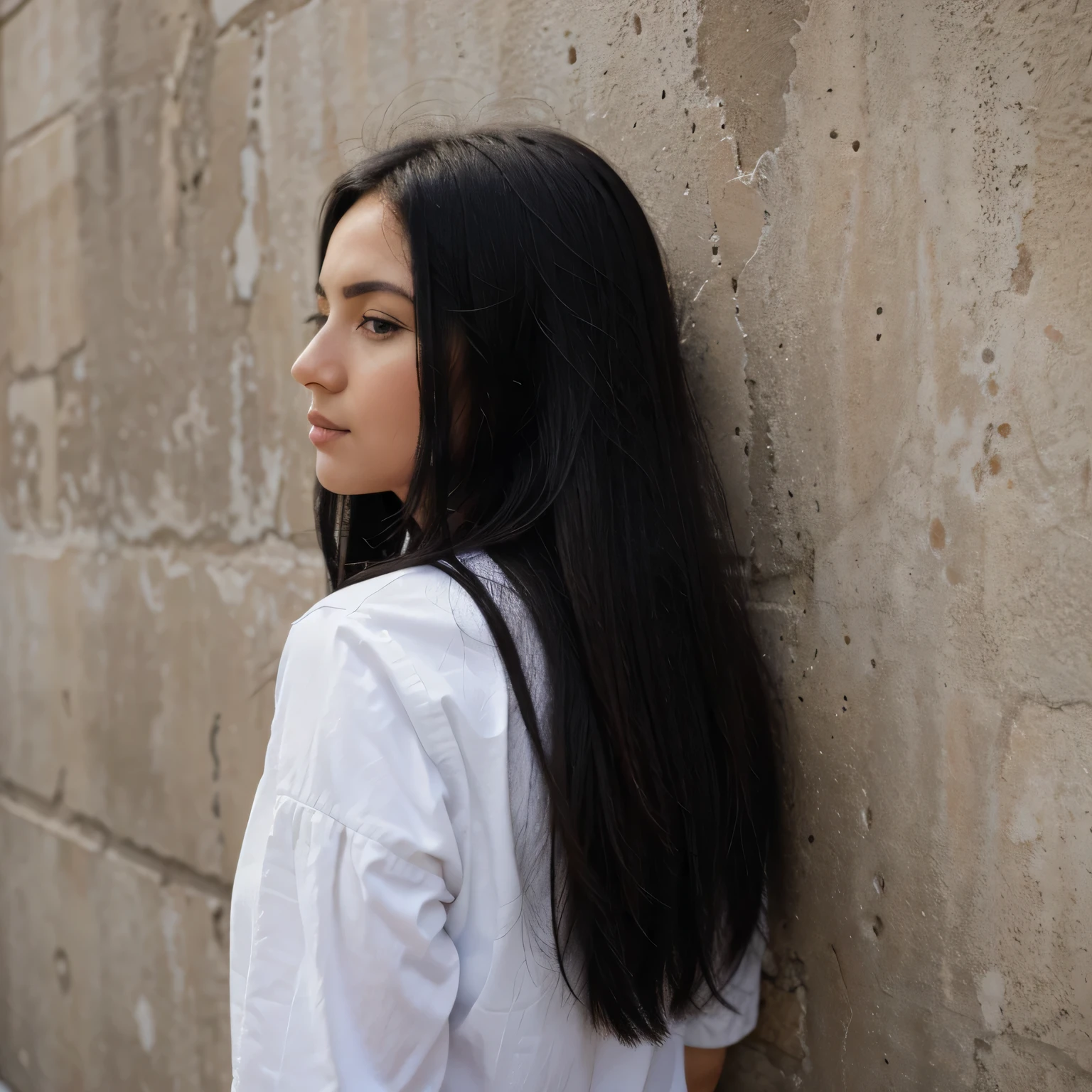A woman that is facing a wall that has a big but and black hair 