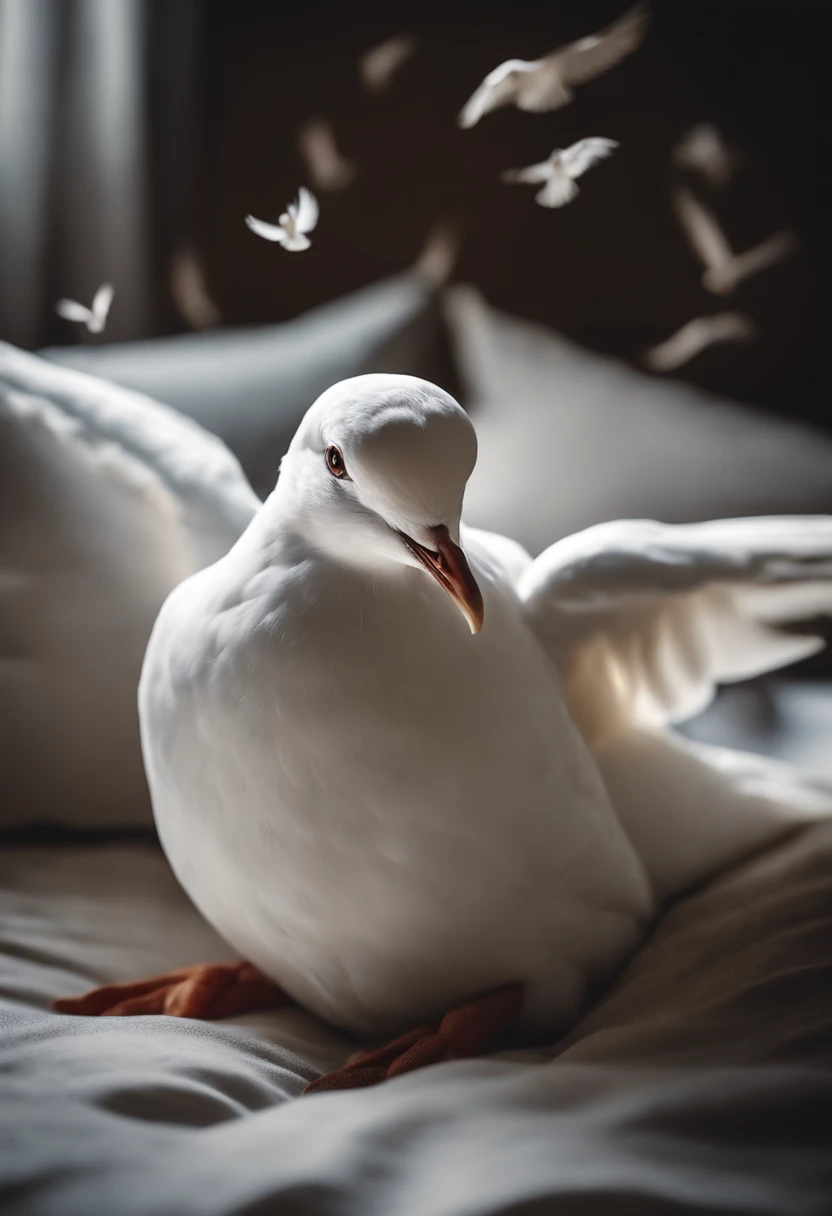 A white dove sinking in a soft white pillow and feathers scattered around