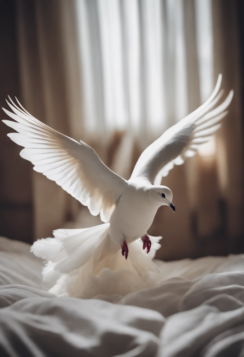 A white dove sinking in a soft white pillow and feathers scattered around