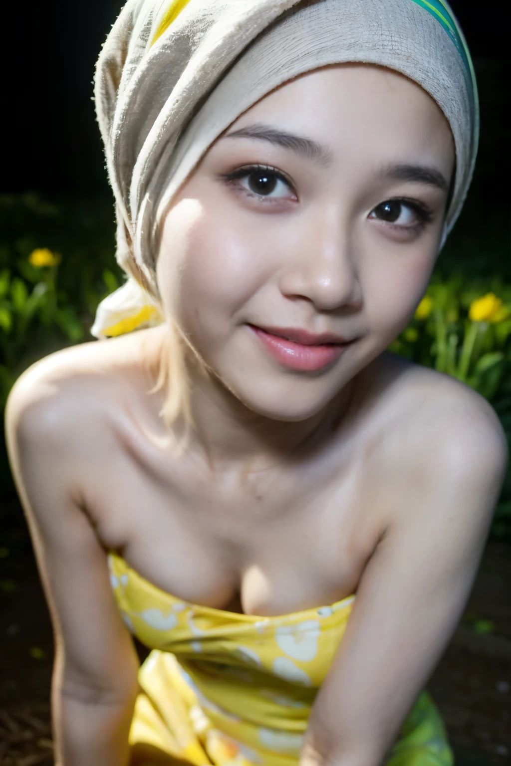 cute like , ((thick lips:1.6)), Lace, (Happy smile), (((HIJAB MALAY GIRL))), masutepiece, High quality, UHD 32K, Realistic face, Realistic skin feeling , A Japanese Lady, 8 years oldcute and baby-like face, ((T CHEST:1))), (Night time at forest), ((look In front  at the camera and SADNESS)), (((FLUORESCENCE))), (((CUTE GIRL))), ((WHITE & YELLOW LIPS)), ((Floral Pattern)) little wearing strapless pastel, strapless colorful pastel, dark night horror scary place (from behind up) seductive pose