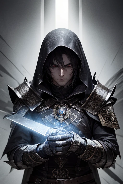 A male Templar's portrait, dark fantasy, (best quality, 4k, highres, masterpiece:1.2), ultra-detailed, (realistic:1.37), intimidating expression, intricate armor, glowing eyes, rugged and weathered face, sharp and defined features, dramatic lighting, medieval setting, mystical atmosphere, eerie background, magical aura, sinister vibe, shadows and highlights, grim and determined attitude, ancient runes, epic battle scars, battle-worn sword, dark color palette, contrast between light and dark, haunting presence, mystical symbols, ethereal essence.