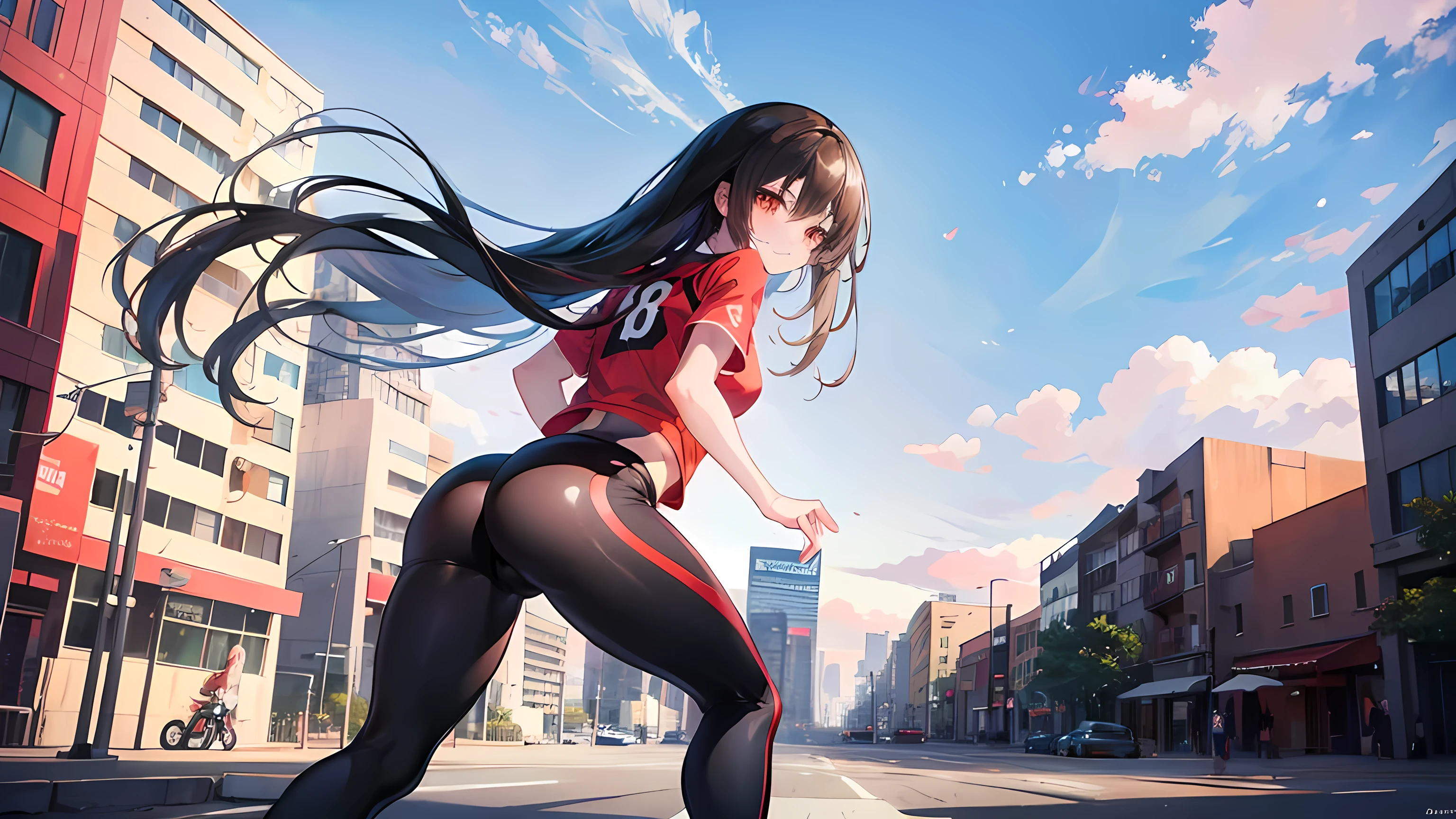 anime girl running in the city streets, buildings in the background, clear sky, beautiful sunlight, beautiful sky, (1girl), long black hair, brown eyes, large ass, looking from behind, red sports shirt, black sports leggings, red sports shoes, sweating, smile, blushing, expressive eyes, amazing scenery, masterpiece, high res, 8k