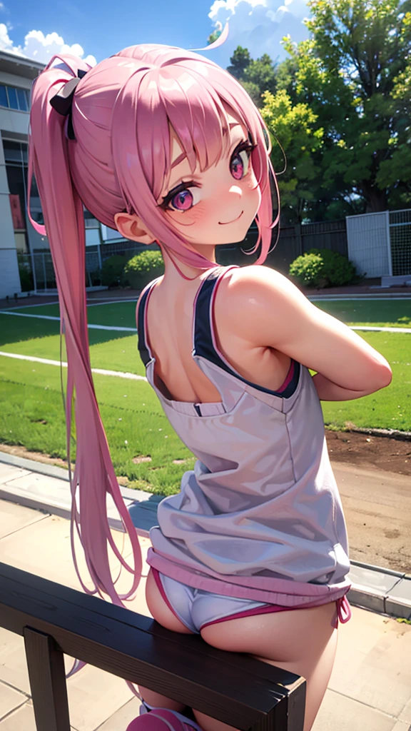 Ultra realistic 6 year old girl, pigtail hair pink, top small breasts, sexy, smug face, sonrisa, posando, school gym, back view, voltea mirando hacia el frente, mini falda, sudada