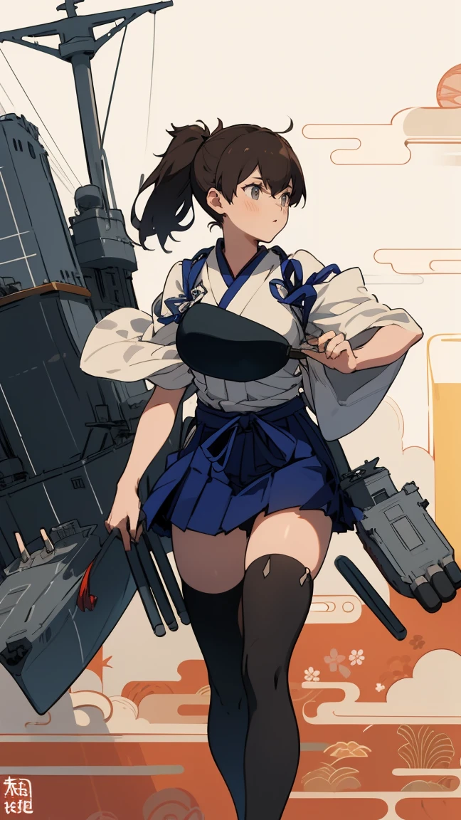 (masterpiece, highest quality) detailed, kaga (kancolle), {{kaga kai ni (kancolle)}}, side ponytail, brown eyes, black long hair, black thighhighs, short skirt, hakama skirt, japanese clothes, , blue hakama, hakama, muneate, tasuki, whole body,Chinese element pattern,thigh,