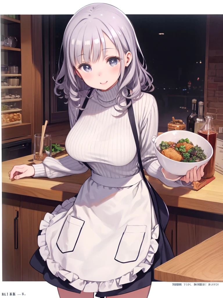 masterpiece、highest quality、High resolution、Very detailed、Medium wide shot、Mature Woman、Beautiful eyes、Silver Hair、Curly Hair、Big Breasts、Turtleneck sweater、((apron))、mini skirt、laughing、Leaning forward、Leaning body、kitchen、Peering into the audience、