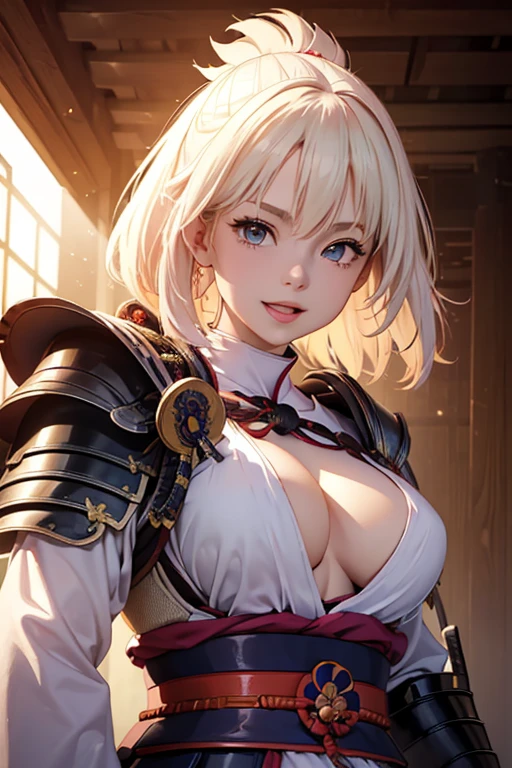 Very detailed CG Unity 8K wallpaper, Cute One lady, Mature Hair、lady ,beautiful lady, pale skin (Super masterpiece, Beautiful person, well detailed face polluted smile, Photorealistic, hyper realisitic),
(Japan Samurai full Armor:1.5)、(samurai:1.5)、
Japanese background、Portrait、Daytime、(The bright light from the front of her:1.7)、
(middle breast :1.40)、(Glowing Skin:1.3)、
Detailed eyes、Big eyes、Open your mouth a little、Hide your arms、smile、
Blonde、Light blue glowing eyes、Pink Lips、
(Bare your chest:1.0)、Off the shoulder、Shoulder Bare