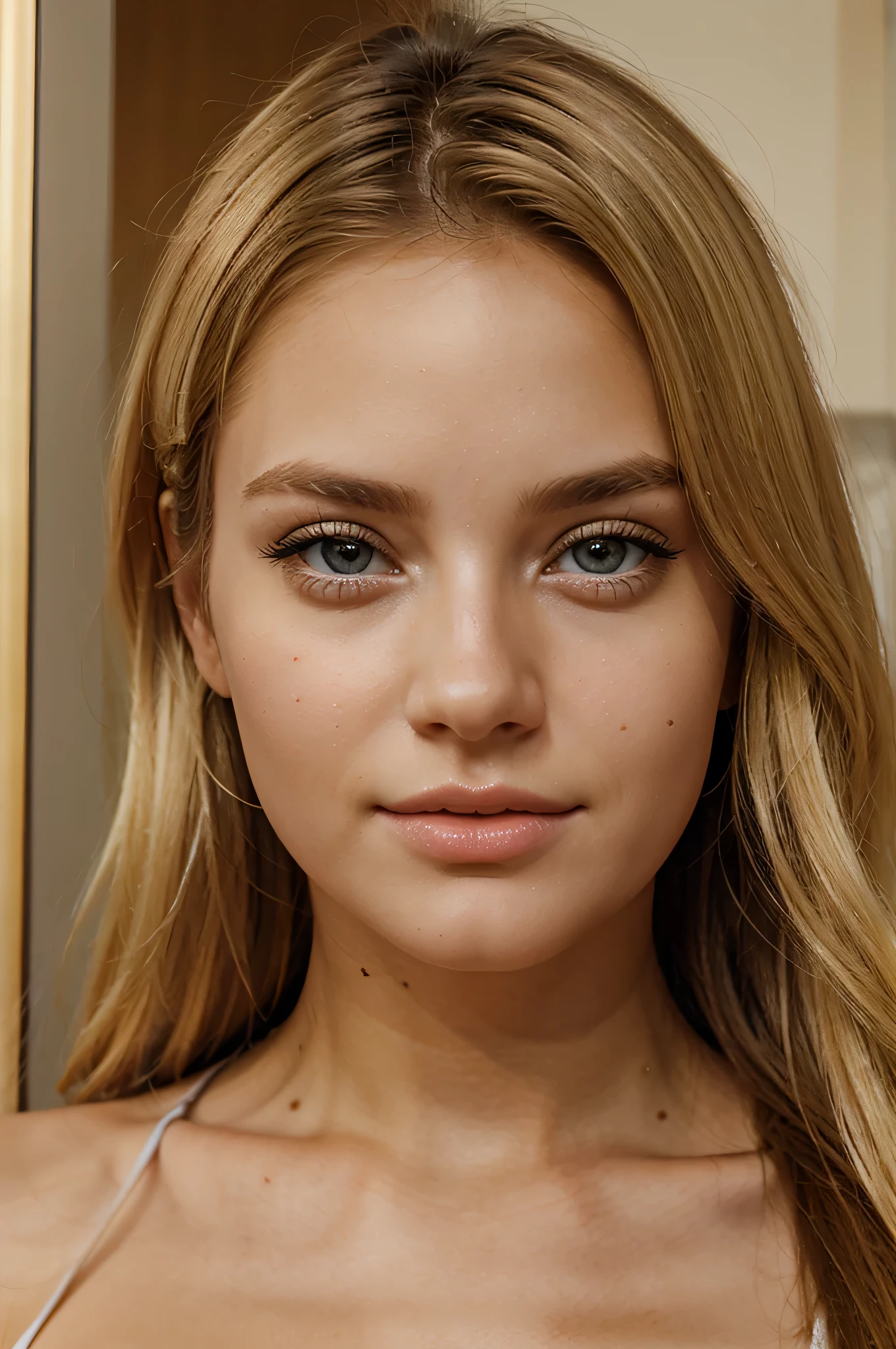 Create a blonde, hazel-eyed, beautiful woman