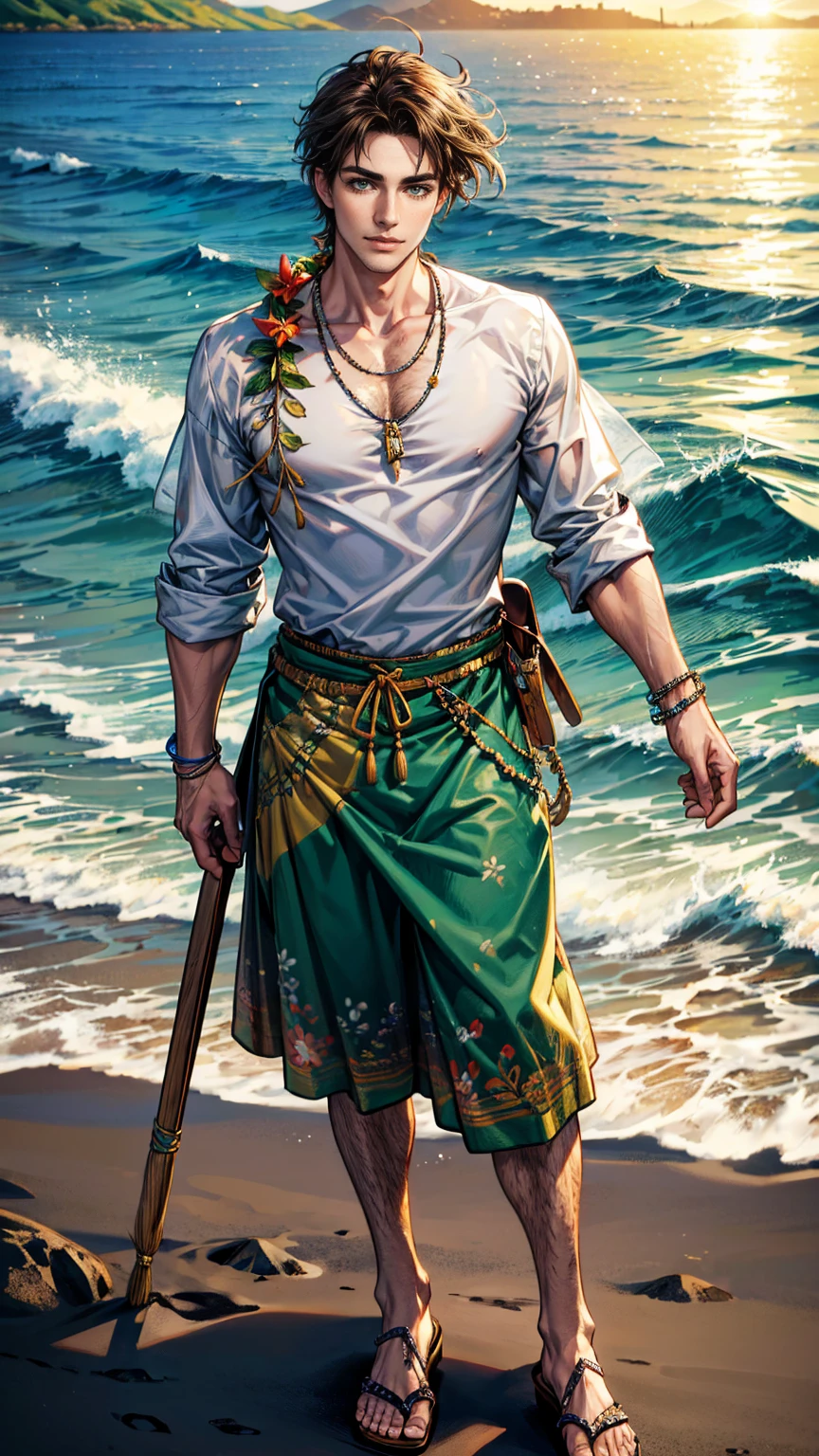 (masterpiece, Best quality, a high resolution, ultra detailed), (beautiful and aesthetically pleasing: 1.2), 1 man, adult man, brown hair, green eyes, gentle face, (slight smile: 0.8), detailed eyes and face, male body, male focus, Full length figure,  beautiful short, Hawaiian skirt, Hawaiian style, Hawaiian shirt, sandals, flowers, woven into hair, flower beads for neck, beach, Hawaii, golden hour, sea , sand, holiday on the beach
