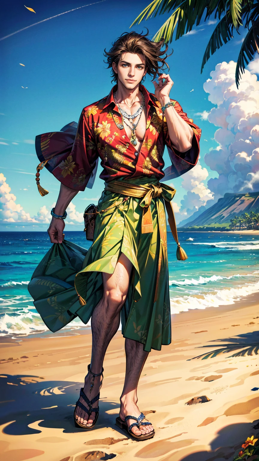 (masterpiece, Best quality, a high resolution, ultra detailed), (beautiful and aesthetically pleasing: 1.2), 1 man, adult man, brown hair, green eyes, gentle face, (slight smile: 0.8), detailed eyes and face, male body, male focus, Full length figure,  beautiful short, Hawaiian skirt, Hawaiian style, Hawaiian shirt, sandals, flowers, woven into hair, flower beads for neck, beach, Hawaii, golden hour, sea , sand, holiday on the beach
