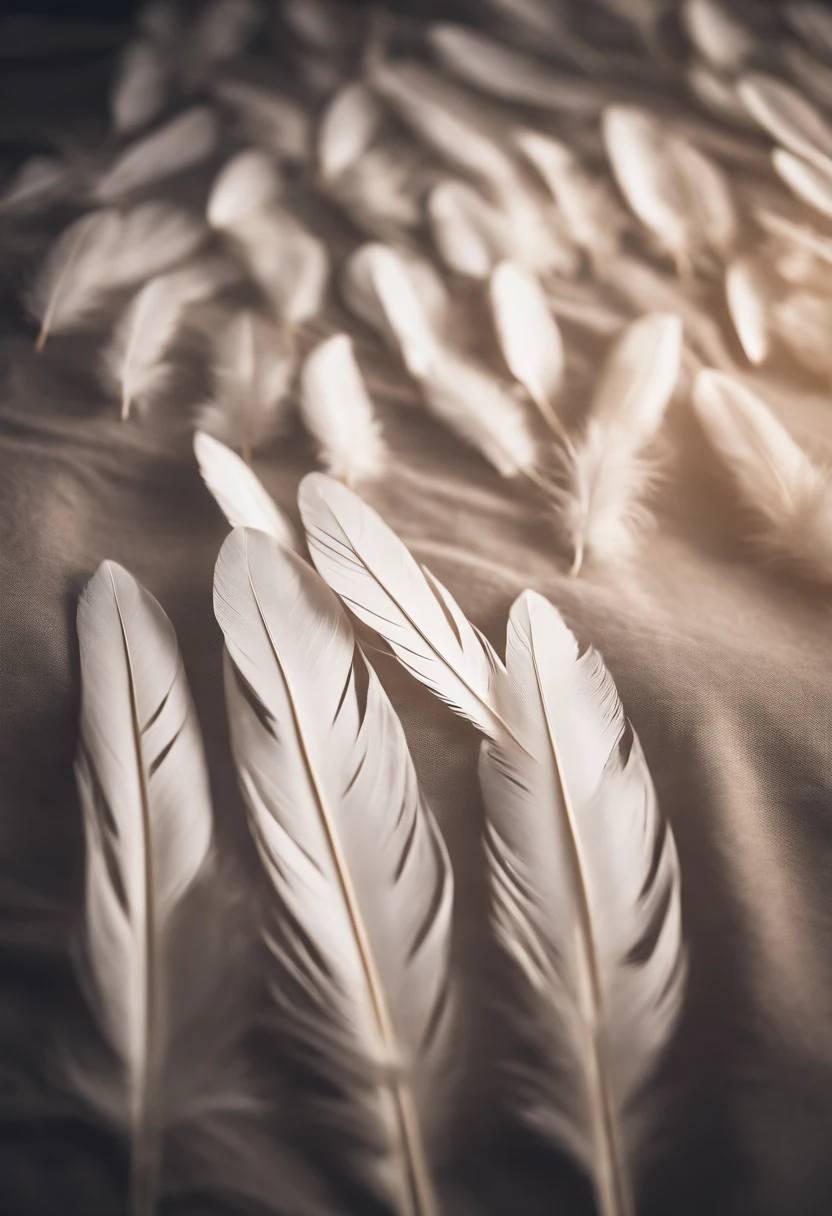 Cinematic portrait of White feathers in the air with soft sunlight shining to them on a soft blanket