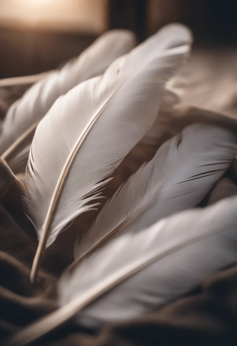 Cinematic portrait of White feathers in the air with soft sunlight shining to them on a soft blanket