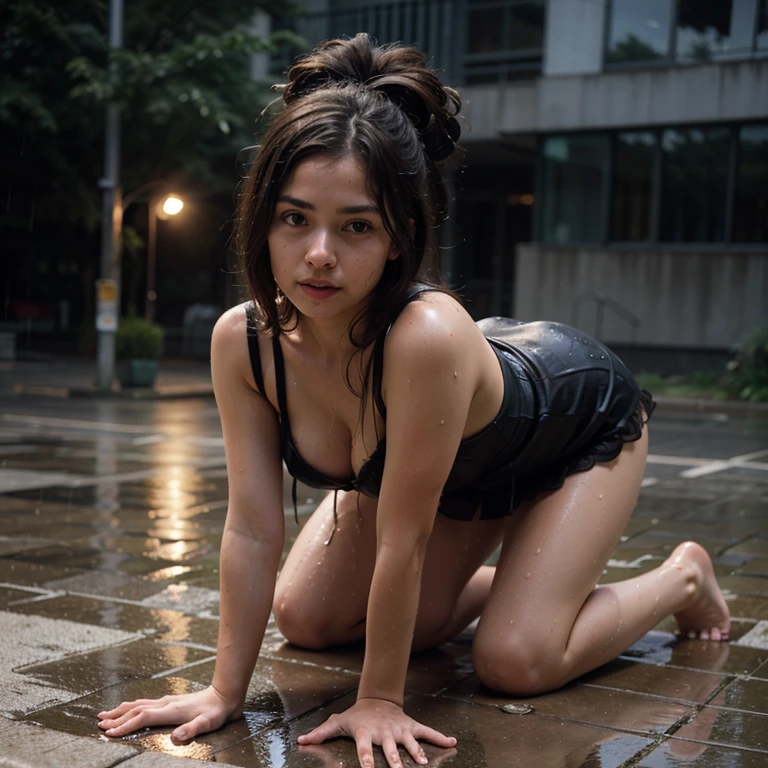 A girl stands on all fours in the rain in a short wet dress, panties visible under dress