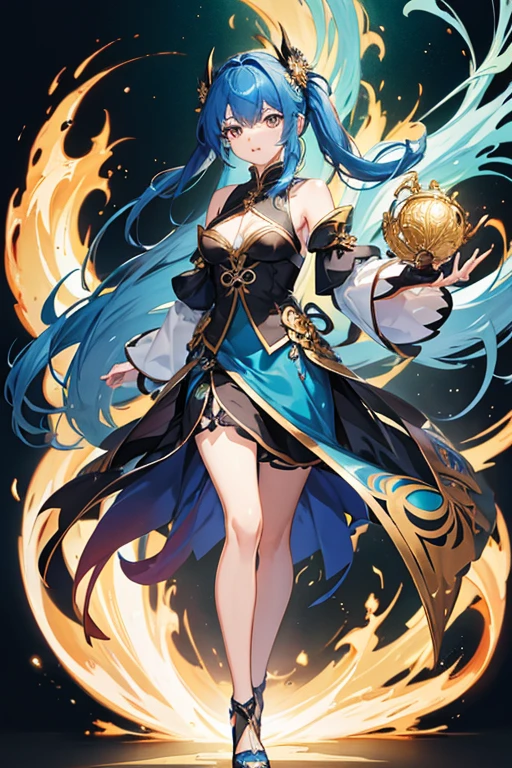 masterpiece, highest quality, High resolution,Anime Style、Characters from Tensura、Velgrind Blue Hair(Chignon:1:20)、Golden Eyes、chest、A black Chinese dress with a gold dragon pattern、Holding a blood-colored fan