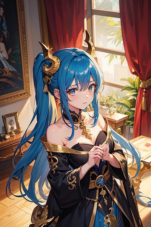 masterpiece, highest quality, High resolution,Anime Style、Characters from Tensura、Velgrind Blue Hair(Chignon:1:20)、Golden Eyes、chest、A black Chinese dress with a gold dragon pattern、Holding a blood-colored fan