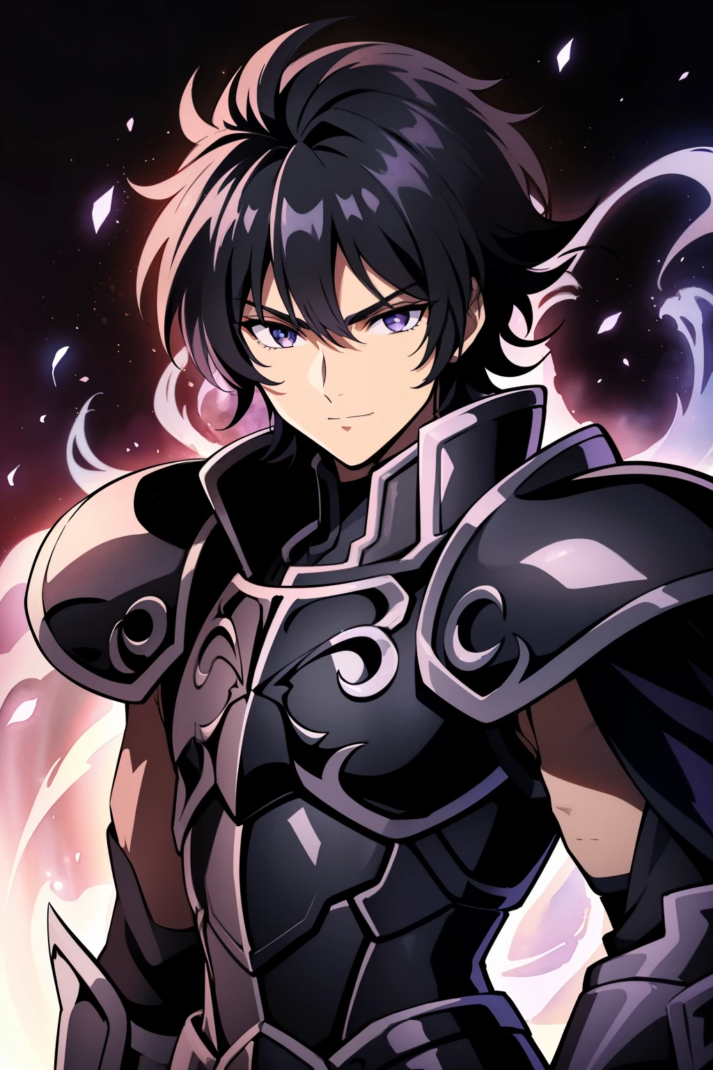 (high-quality, breathtaking),(expressive eyes, perfect face), 1boy, male, solo, half body, armor, dark onyx purple armor, saint seiya armor, spectre armor, fantasy armor, black hair, short length hair, brown eyes, ( watercolor \(medium\), black background, small smile, zoom out, dark fantasy 