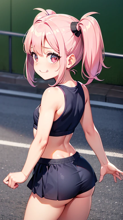 Ultra realistic 6 year old girl, pigtail hair pink, top small breasts, sexy, smug face, sonrisa, posando, school gym, back view, voltea mirando hacia el frente, mojada, sudada, concentrada, caida
