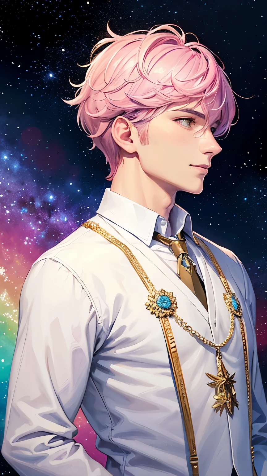 (masterpiece, highest quality, highest quality,watercolor (Moderate),Official Art, beautifully、aesthetic:1.2),(One man:1.3), (Fractal Art:1.3),Upper Body, from the front, View your viewers,pattern,(very short hair,Rainbow Hair,colorful hair,Half Blue、Half pink hair:1.2),water,liquid, cloud,colorful, Starry sky,universe,performer,18-year-old male,Beautiful handsome man,Masculine face,Stocky shoulders,White clothes,Beautiful fantasy clothes、smile