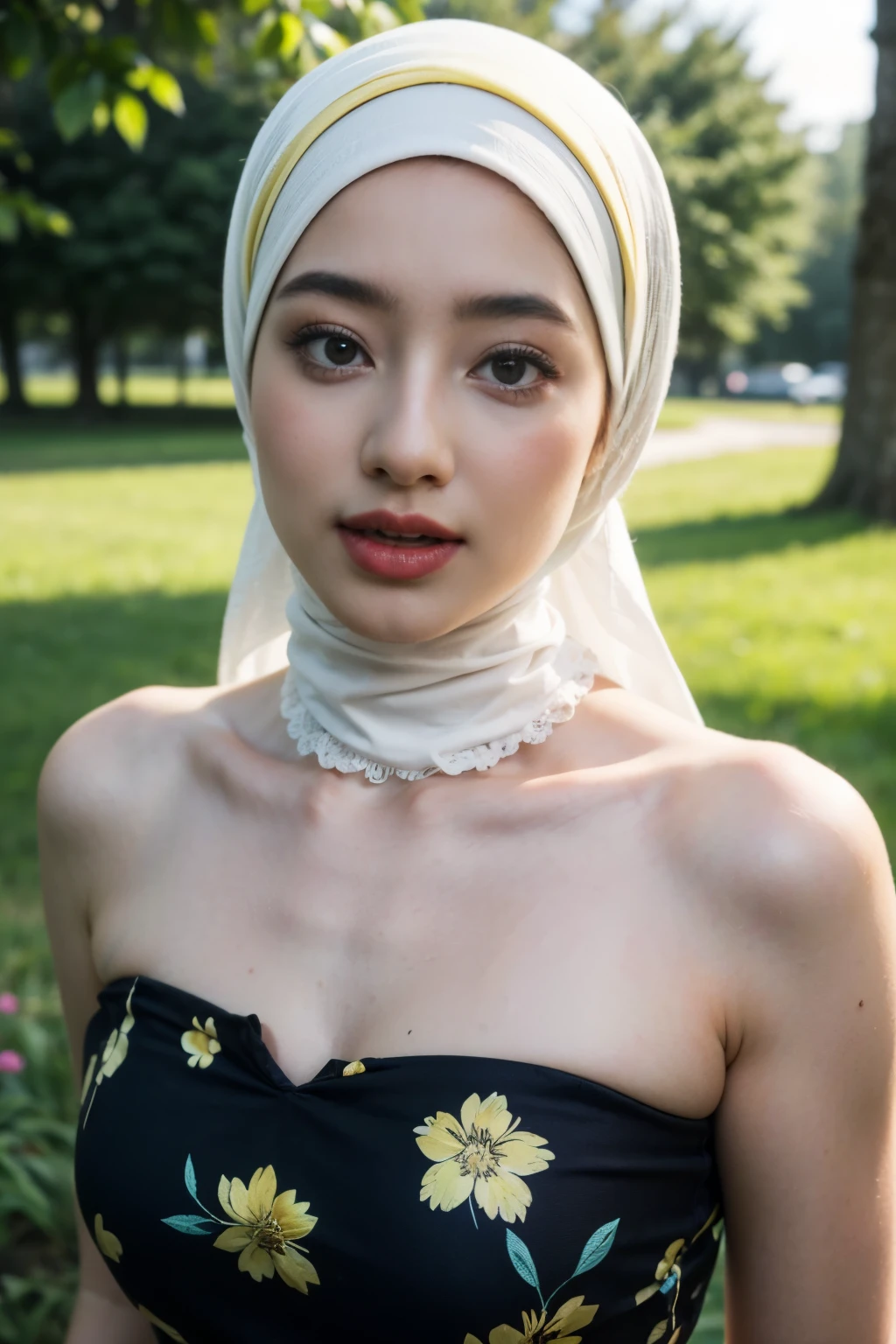 cute like baby face, ((thick lips:1.6)), Lace, (Happy smile), (((HIJAB MALAY GIRL))), masutepiece, High quality, UHD 32K, Realistic face, Realistic skin feeling , A Japanese Lady, 8 years old, , Very cute and baby-like face, (((FLAT CHEST:1))), (Night time at forest), ((look In front  at the camera and SADNESS)), (((FLUORESCENCE))), (((CUTE GIRL))), ((WHITE & YELLOW LIPS)), ((Floral Pattern)) little wearing strapless pastel, strapless colorful pastel, dark night horror scary place (from behind up) seductive pose