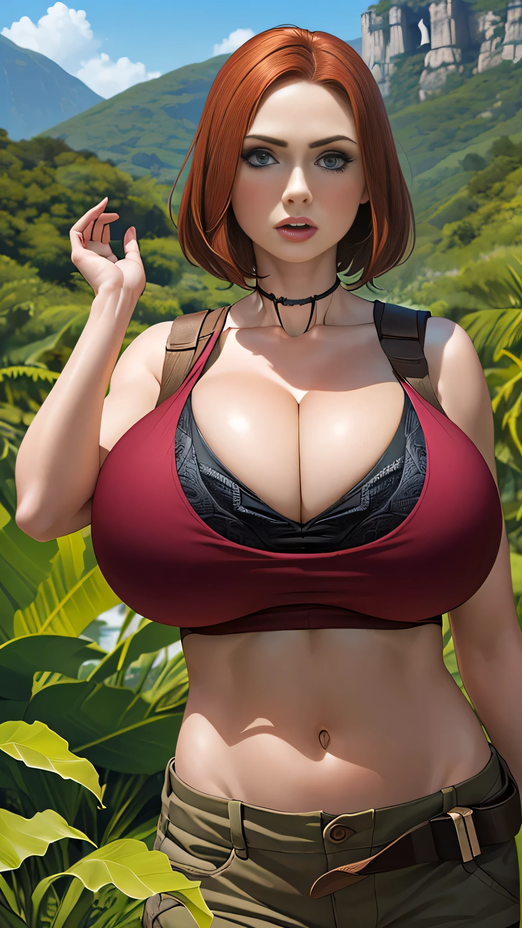 Karen Gillan, masterpiece quality, (masterpiece quality:1.5), high res, realistic, lots of detail, alone, 1girl, (1girl:1.9), solo, (solo:1.9), in a jungle, ancient ruins in background, wearing red blouse, midriff, (midriff:1.5), wearing khaki cargo shorts, short hair, thin body, huge breasts, (huge breasts:1.5), lots of cleavage, (cleavage:1.5),