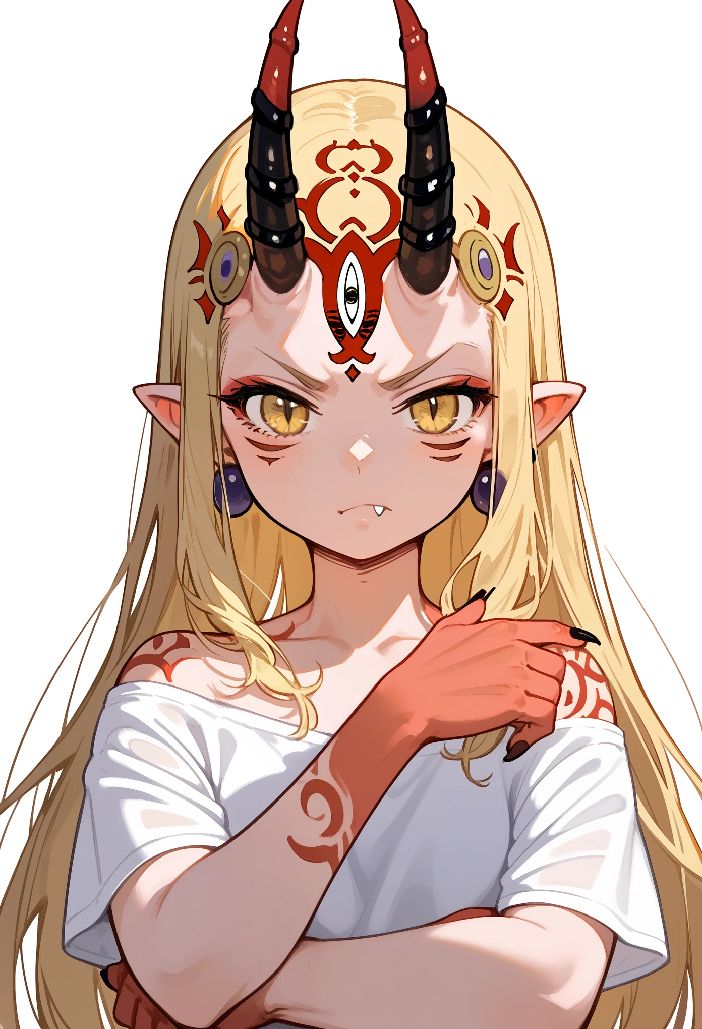 score_9, score_8_up, score_7_up, 1girl, solo, portrait, close-up, upper body, long hair, blonde hair, sidelocks, yellow eyes, pointy ears, facial mark, tattoo, shoulder tattoo, red arms, forehead mark, fingernails, (crossed arms), oni, horns, innexpressive, serious, fang, wearing a white shirt, oversized shirt, off-shoulder, short sleeves, white background, simple background, masterpiece, best quality, zoom out, 