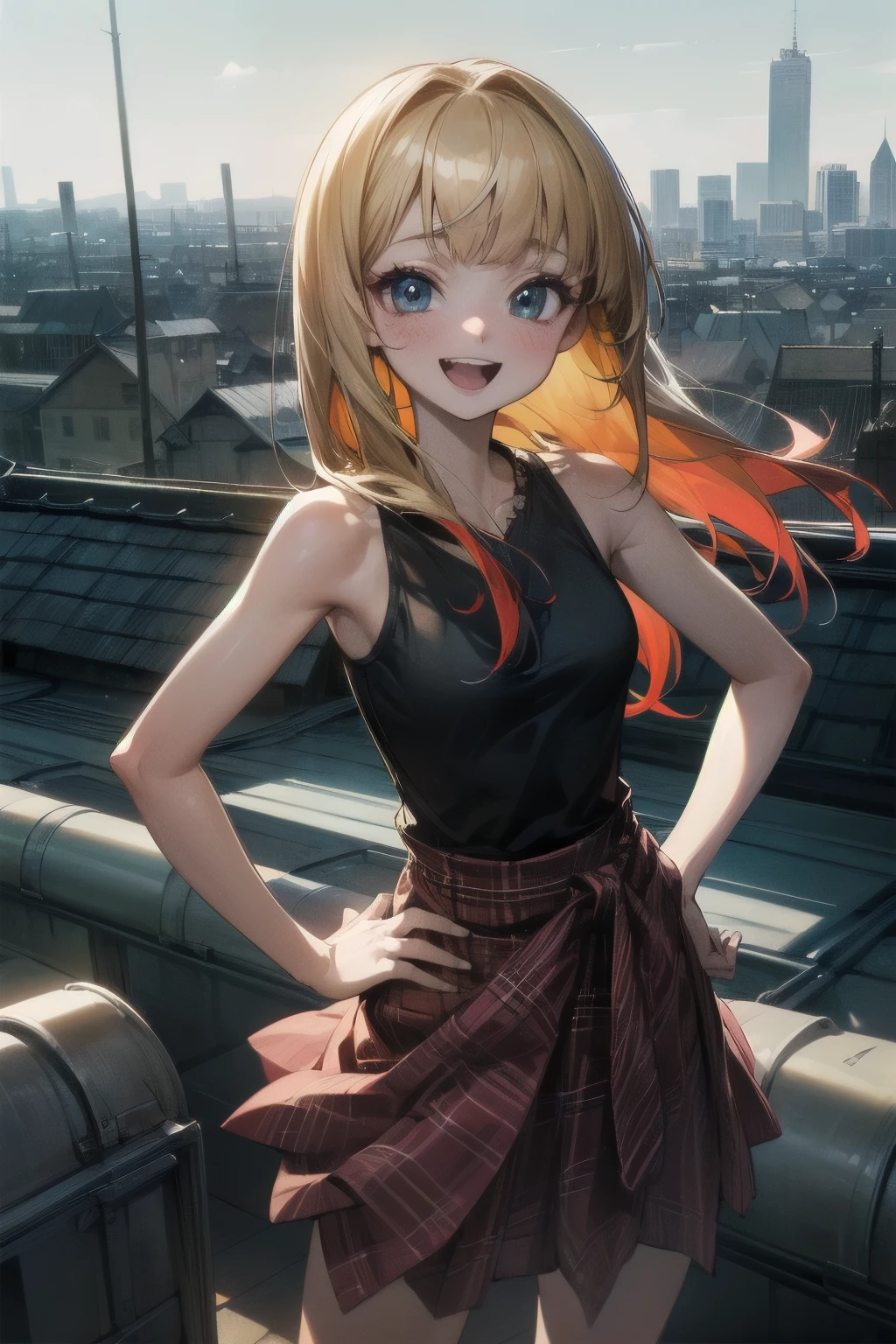 ((Masterpiece)), ((best quality)), (cowboy shot), (Anime:1.4), (super detail:1.2), (High Definition:1.3), (Professional Photography:1.3), ((12 years old)), ((♫♪♬)), cute young Girl, Glossy unruly hair, (loose blunt bangs), blonde hair with red mesh, (red mesh hair), long hair, big eyes, (long eyelashes), ((jagged teeth)), colorful eyes, (gradient eyes), blush, ((naughty smile)), (open mouth), O-ring belt, joy, (cute Plaid tanktop), barearms, ((Wearing long sarong skirt)), cute, (place hand to hip:1.3), glossy makeup, BREAK, ((best quality)), 🔪, (colorful:1.3), (on the rooftop), morning cityscape,