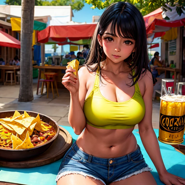 Mexican woman eating tacos, Mexican food stall tortillas and nachos Tight tank top and hot pants highest quality Tequila and Corona beer on the table String Panties