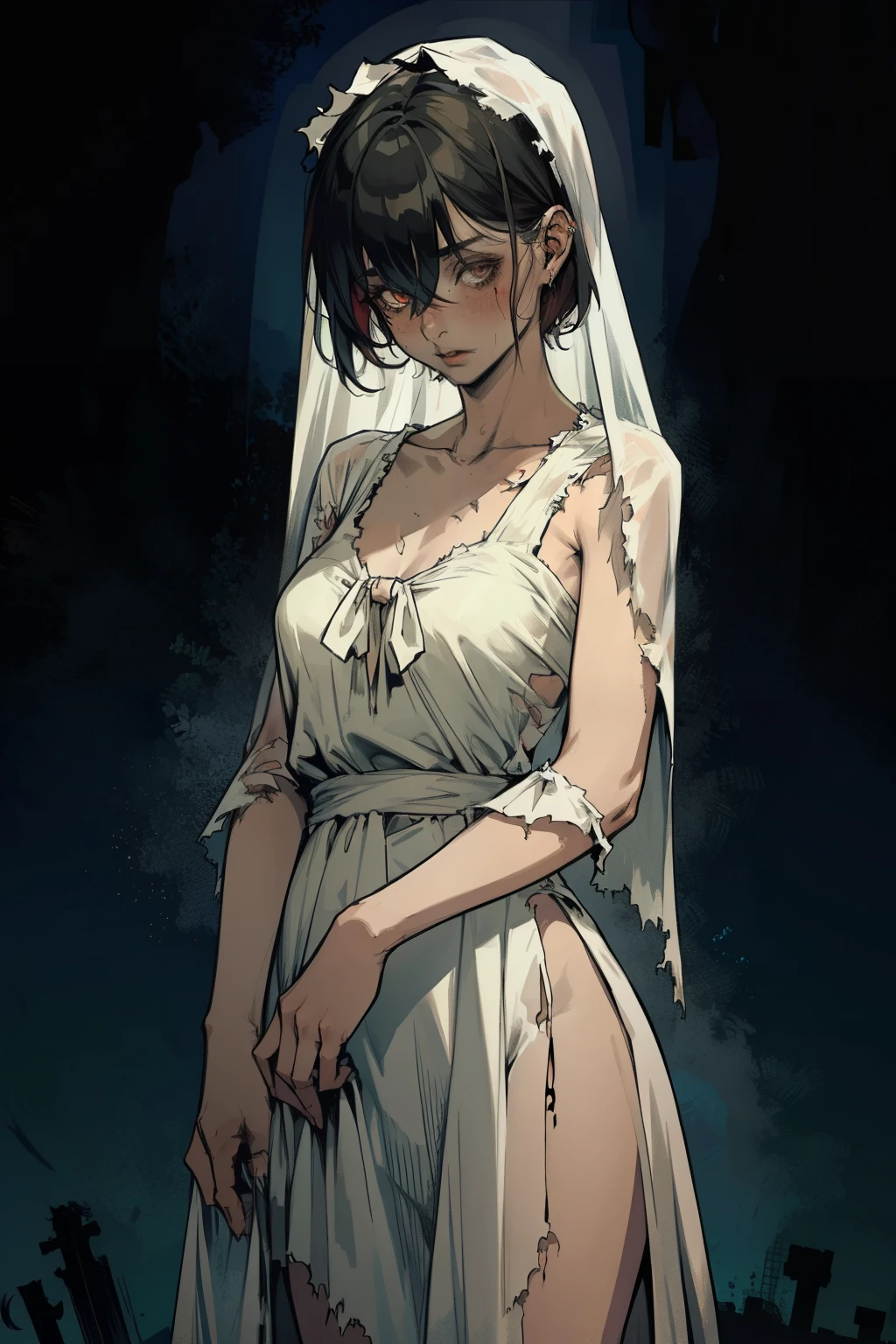 zombie, living Dead , living Dead girl , short hair , torn long dress , living Dead girl , Whole body , living Dead , Long torn white dress , Long and wide dress , shroud, at night , Torn dress , living Dead features , sexual body , sexual , unfocused look, She stands directly in front of the viewer, with hands down