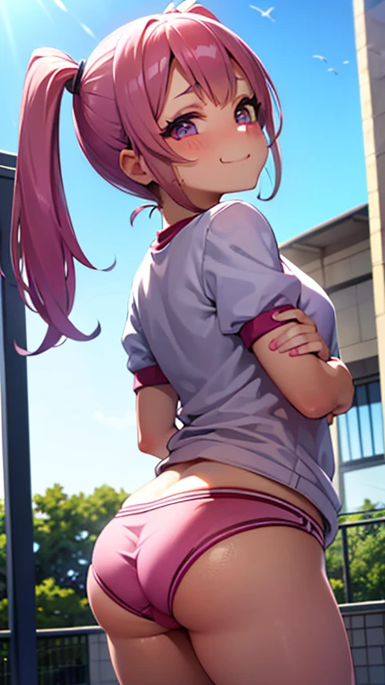 Ultra realistic 7  girl, pigtail hair pink, top medium breasts, sexy, smug face, sonrisa, posando, school gym, back view, voltea mirando hacia el frente, mojada, sudada, concentrada, volleyball, tight panties,