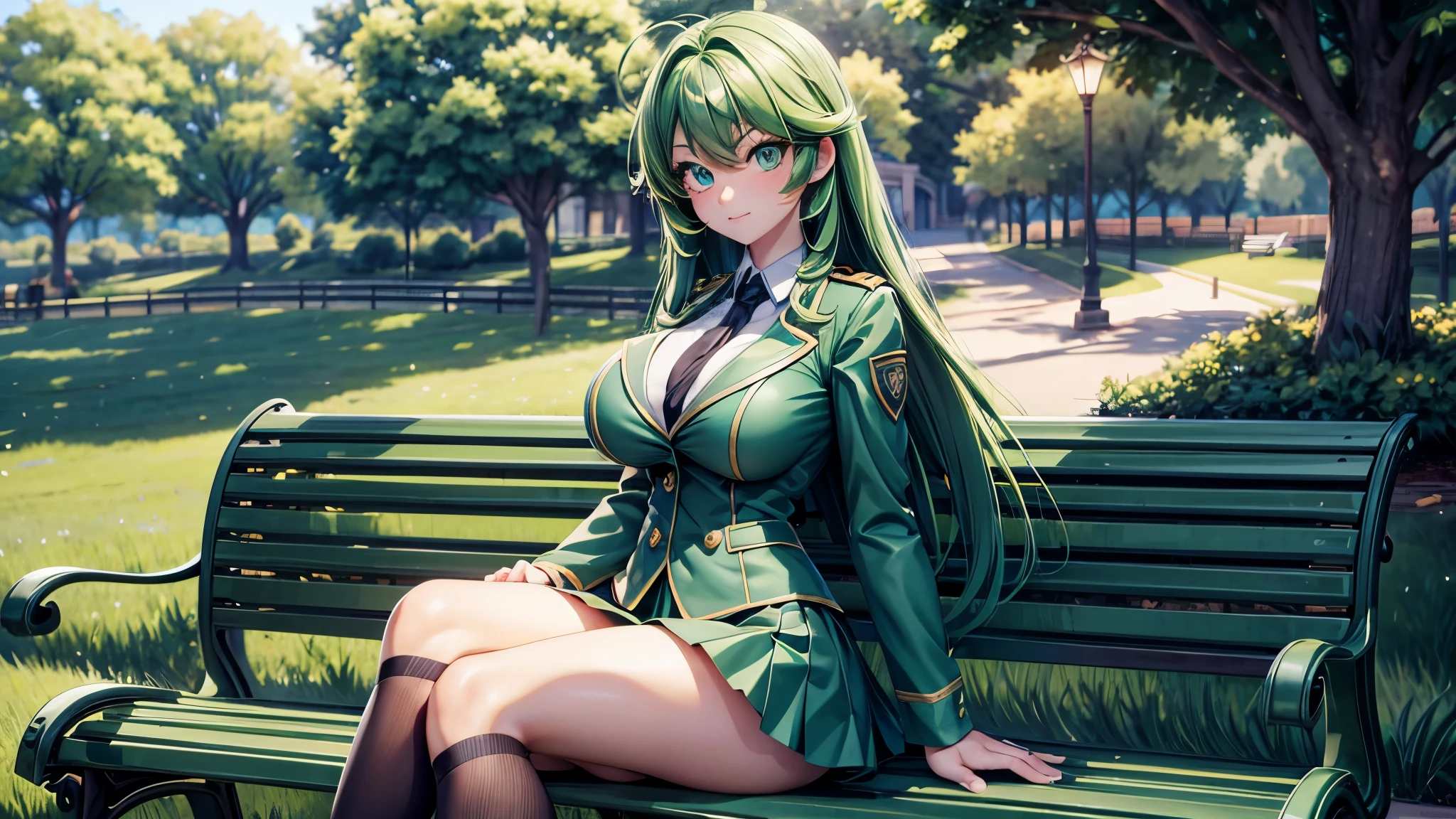 Extremely beautiful girl, green hair, long hair, bright green eyes, Green high school girl uniform, huge breasts, Sitting on a bench in a park, good quality, masterpiece, Beautiful eyes, Detailed eyes, Big eyes