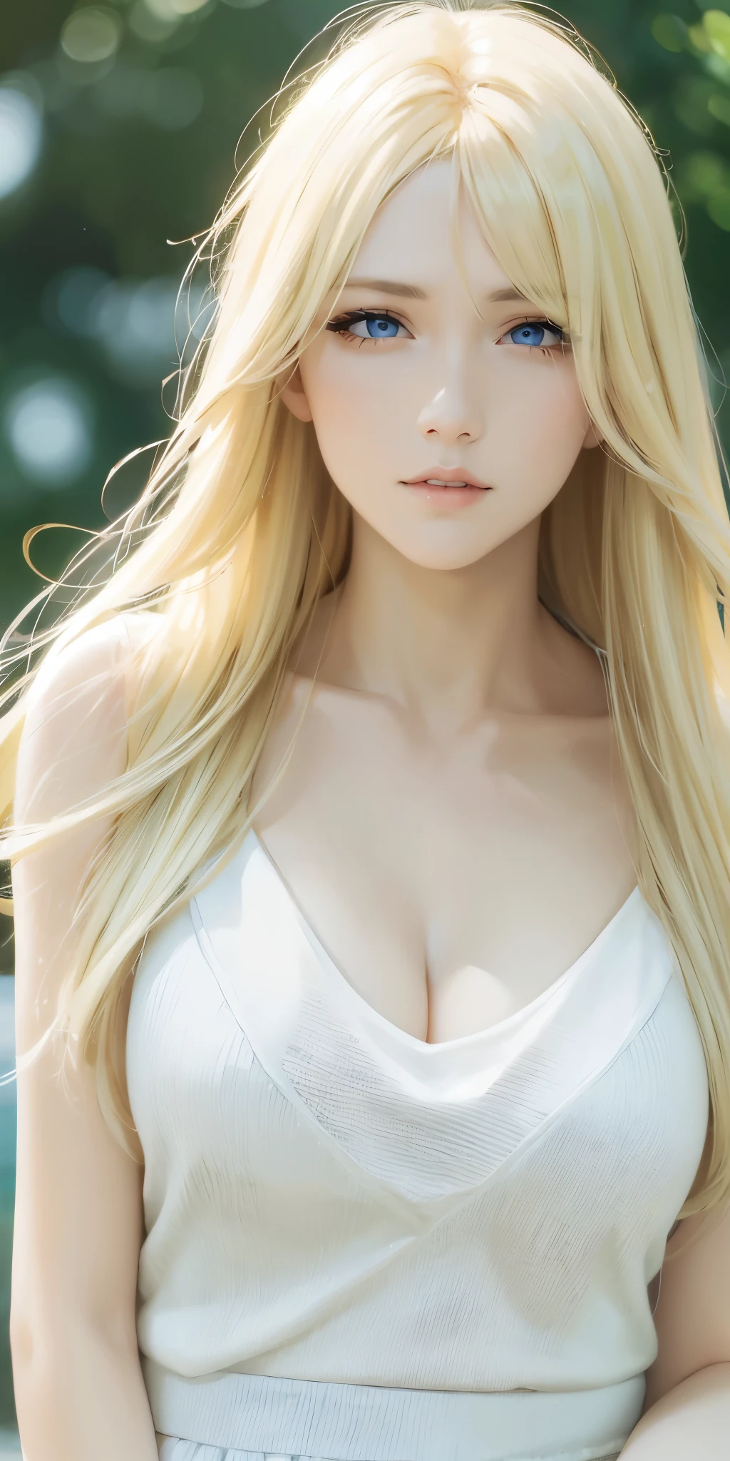 Upper body, gorgeous adult woman, long neck, long blonde hair, bangs, casual outfit, cleavage, blue eyes, soft light, high quality, 4k resolution