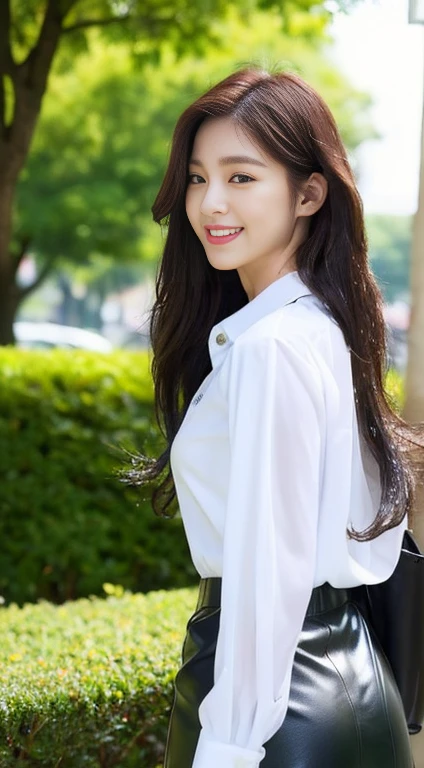 ((top-quality、8K、​masterpiece:1.3))、sharp focus:1.2、Beautiful woman with perfect body shape:1.4、Slim abs:1.2、(Layered Hair Style:1.2))、(Wet white button long shirt:1.3)、Sateen:1.3、Street:1.2、wetbody:1.1、Highly detailed facial and skin texture、A detailed eye、double eyelid、Very big big hidden under a button shirt with a collar、A smile、((full body seen))、OL、Office Casual Suit Setup、a park、tree planting、OL、accessorized、Shoulder bag、Glossy leather pencil skirt、sideshot((posterior view、From the knee up、ass forcus))