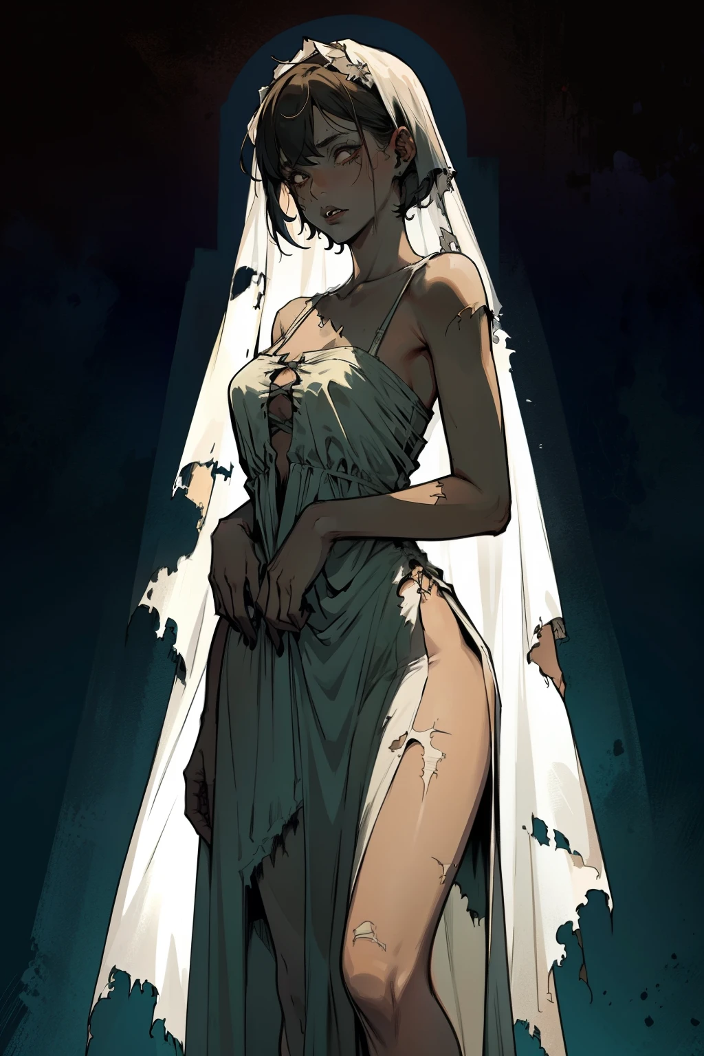 zombie, living Dead , living Dead girl , short hair , torn long dress , living Dead girl , Whole body , living Dead , Long torn white dress , Long and wide dress , shroud, at night , Torn dress , living Dead features , sexual body , sexual , unfocused look, She stands directly in front of the viewer, with hands down