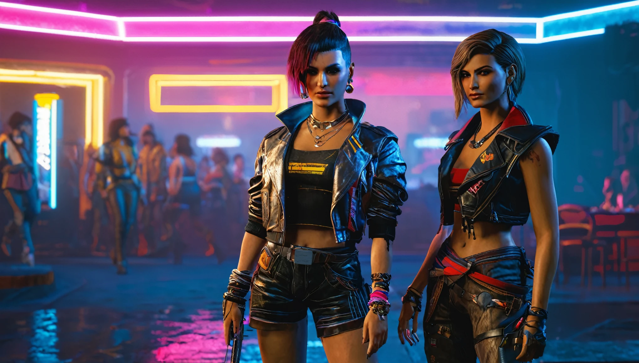 Full body of Judy from Cyberpunk 2077 and Kassandra from Assassin's Creed Odyssey dressed in 1980's style clothing wearing high heeled shoes, with Judy's and Kassandra's haircut unchanged, best friends enjoying life together, with attention to individuality and distinct features on faces, eyes, fingers, and smaller details, watching the sunset with a fitting color scheme, with neon lights in the background. 