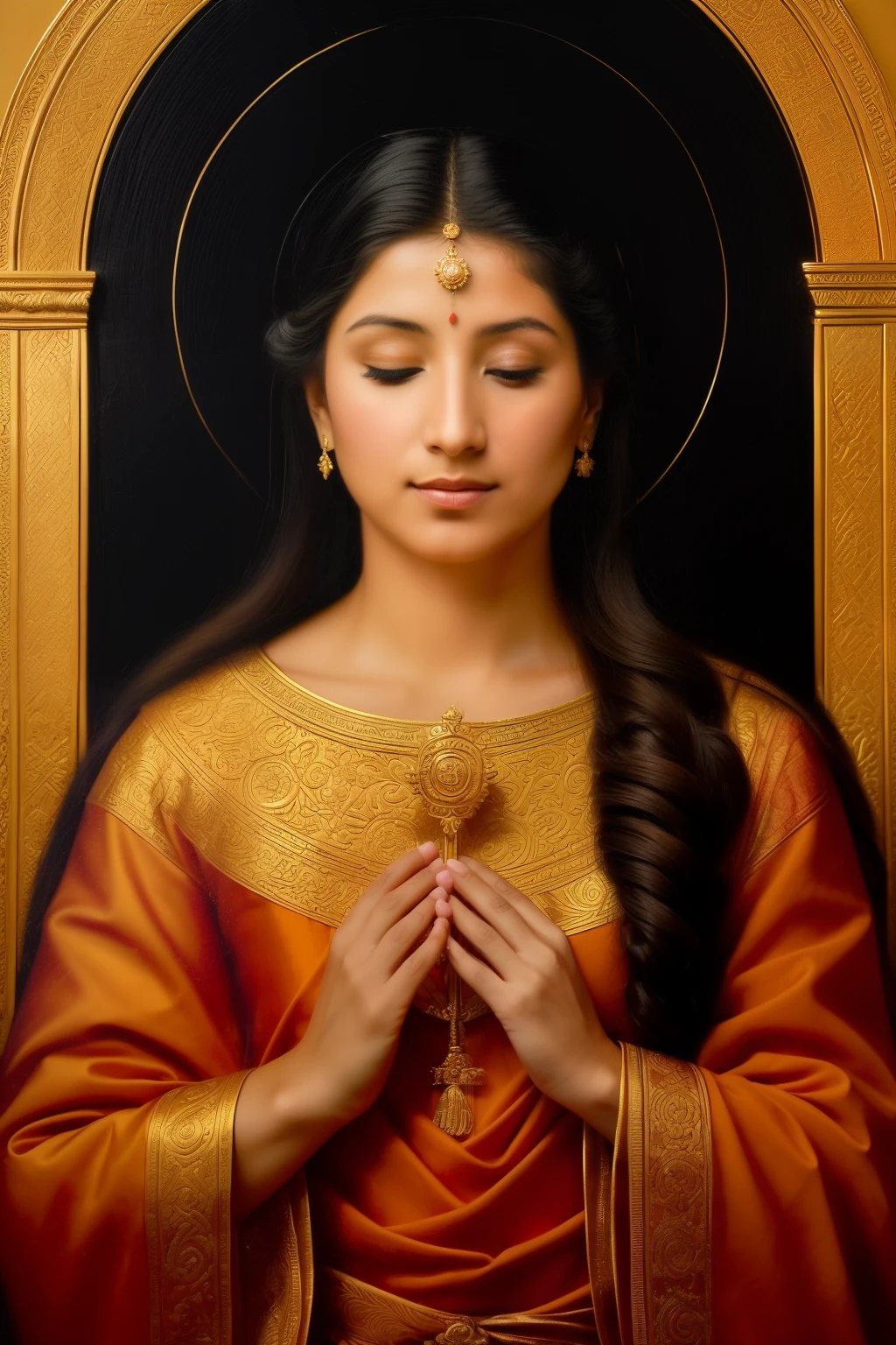 God, an omnipresent being with a radiant aura, depicted in a traditional religious painting, ((divina presencia)), ((obra-maestra)), ((true representation)), ((pose tranquila y majestadosa)), silhouetted against a golden backdrop, ((luz evidente, luz de fondo suave)), hands gently resting on his chest, imparting a sense of calm and protection, ((revealing a minimal expression of kindness)), ((imagen centralizada, detalles evidentes)), ((calidad sofisticada)), ((textura realista)), ((craft style)), ((Photography, al