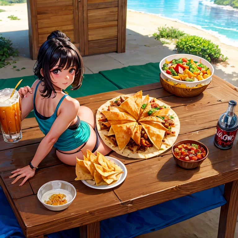 Mexican woman eating tacos, Mexican food stall tortillas and nachos　Tight tank top and hot pants　highest quality　Tequila and Corona beer on the table　String Panties