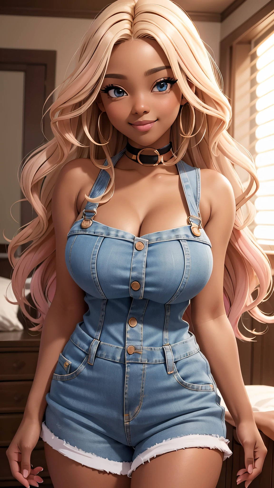 Highest quality, masterpiece, beautifully detailed eyes, (dark skin), blonde wavy hair, gradient hair, pink highlights in hair, big breasts, standing, makeup, glossy lips, full lips, (natural lighting), in room, night, cute denim short jumpsuit, shy smile, belly, collarbone, in love, cute gesture