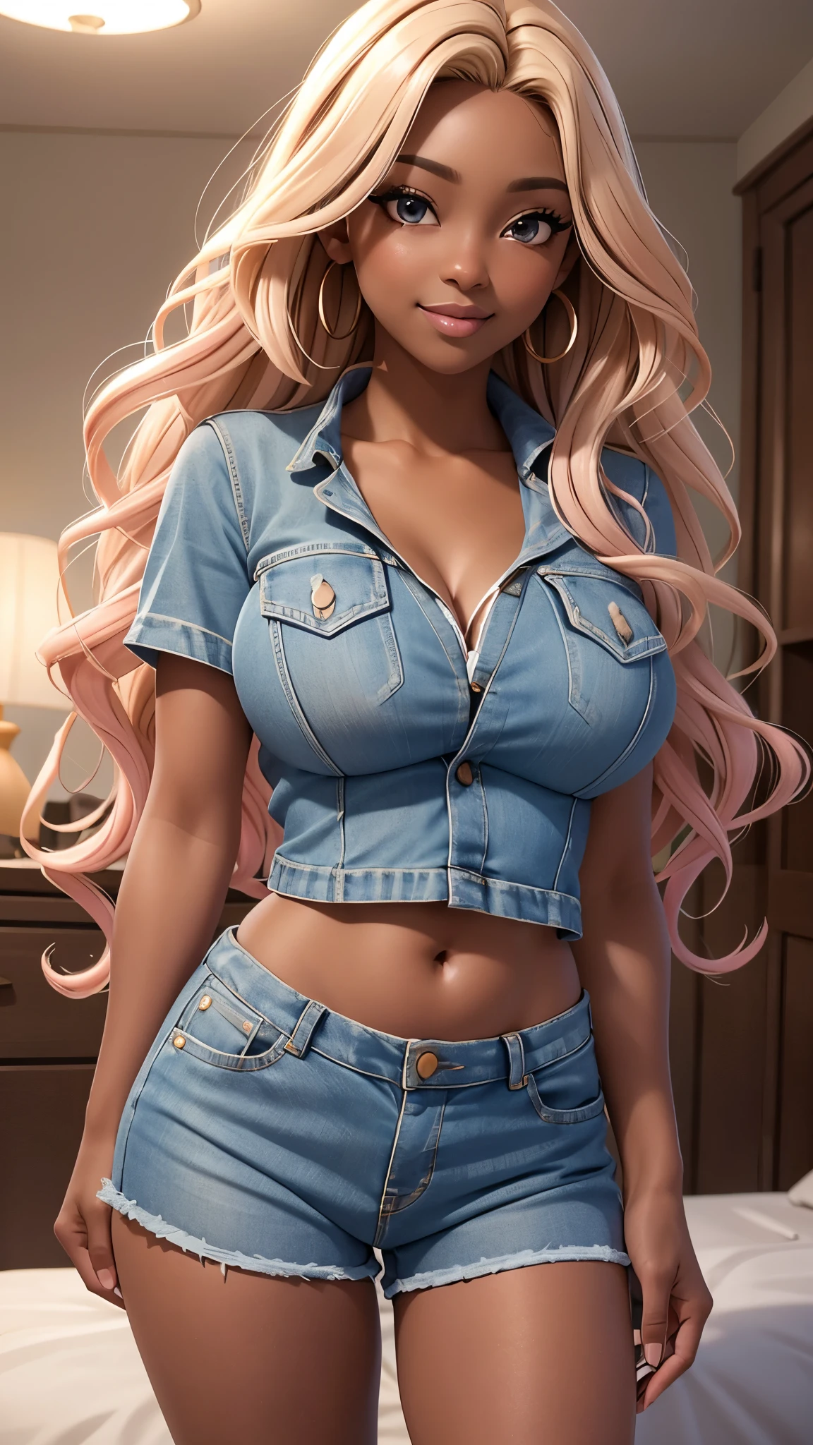 Highest quality, masterpiece, beautifully detailed eyes, (dark skin), blonde wavy hair, gradient hair, pink highlights in hair, big breasts, standing, makeup, glossy lips, full lips, (natural lighting), in room, night, cute denim short jumpsuit, shy smile, belly, collarbone, in love, cute gesture