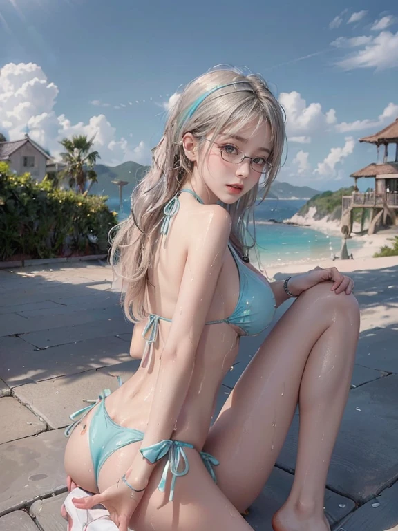 (best quality, 8k, masterpiece, Ultra HD: 1.3), (K-pop idol: 1.4), 1 beautiful girl, (丰满的超Large Breasts: 1.2), Chest gathering,(You can see the shape of the nipple:1.2),(Long hair), Abdominal muscles, Perfect body, Ultra-detailed face shape, Delicate lips, Fair, Skin is hydrated, sweaty skin, Wavy Blonde, Silver Light Hair , super fine hand, Thin fingers, side splits,(Random color sheer bikini:1.4), Random Color(Random Color), (Large Breasts), ()), (Glasses), at the seaside, seaside, Beach, Sexy Girls, transparent, Seductive smile, ((Look into her eyes、see below)),Stay focused,Love in the eyes,Provocative expressions,Back:1.5,Look up at Shot 1.5,(One-leg stand:1.2), (stand and spread your legs:1.3), cleveage:1.2,(Stretch your legs to the sides:1.4),Exposing the crotch,(Bikinis fit tightly around the genitals and buttocks:1.3), (Camel toe:1.3),((Complete anatomy:1.4)),(Look at her slim figure:1.3), (Watch directly:1.4), (1/4 Subject Shooting:1.4), (Focus on the thighs:1.4), (Focus on the buttocks:1.5), (Knees in frame:1.4), (Wet messy hair:1.4), (Highlight the breasts:1.4), (Body sides:1.4), (For the audience:1.4),