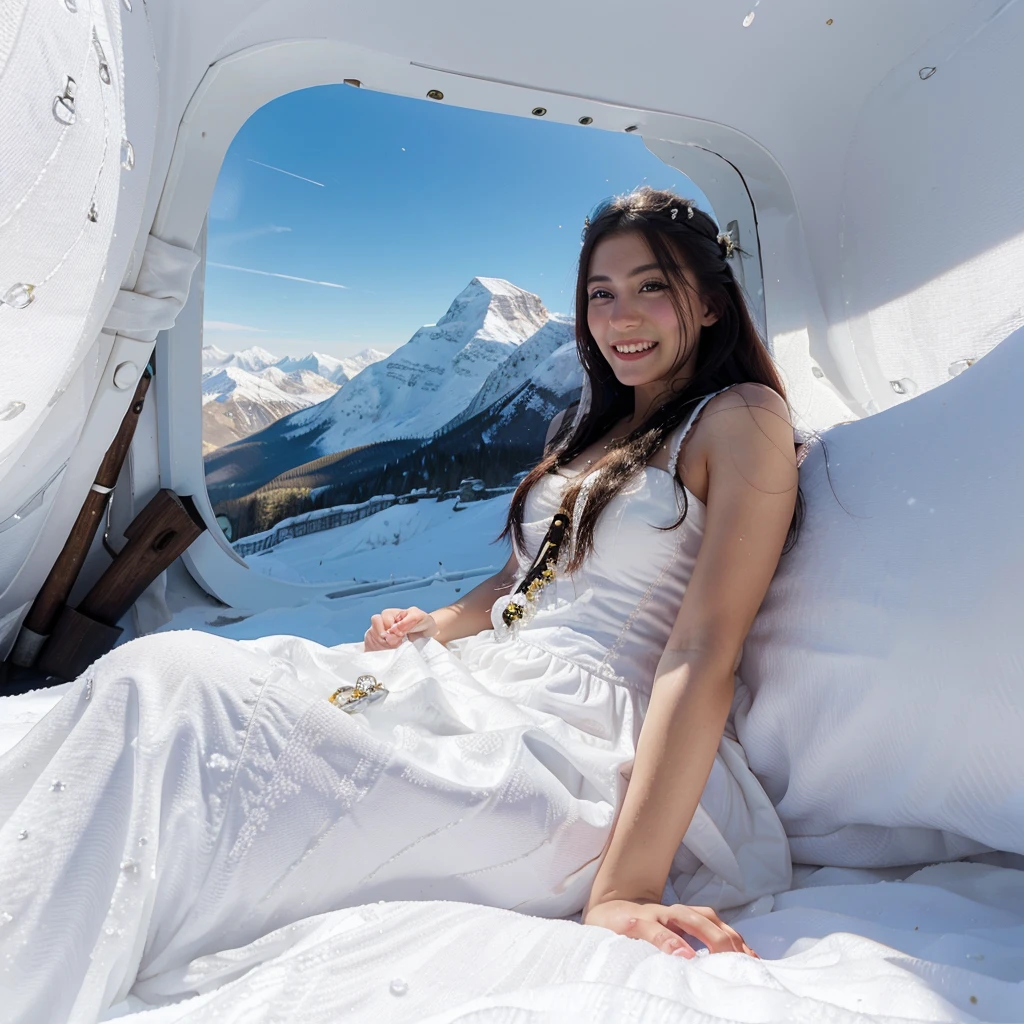 Princess in white dress relaxing in white snow Conquering the mountain peak with sparkling eyes and a bright smile, right hand holding the black Pirate flag, view from the sky,