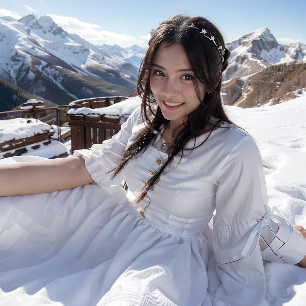 Princess in white dress relaxing in white snow Conquering the mountain peak with sparkling eyes and a bright smile, right hand holding the black Pirate flag, view from the sky,