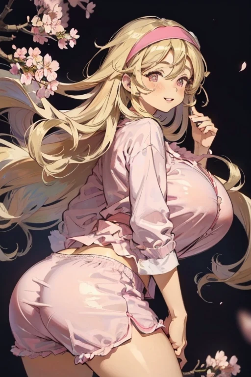 Best quality, solo mature woman, gigantic breasts, huge ass, voluptuous, bimbo, long curly ash blonde hair, soft headband, cherry blossom pink eyes, full lips, seductive, smiling, cute pj top, cute pj shorts, love handles, anime style, flat vector art