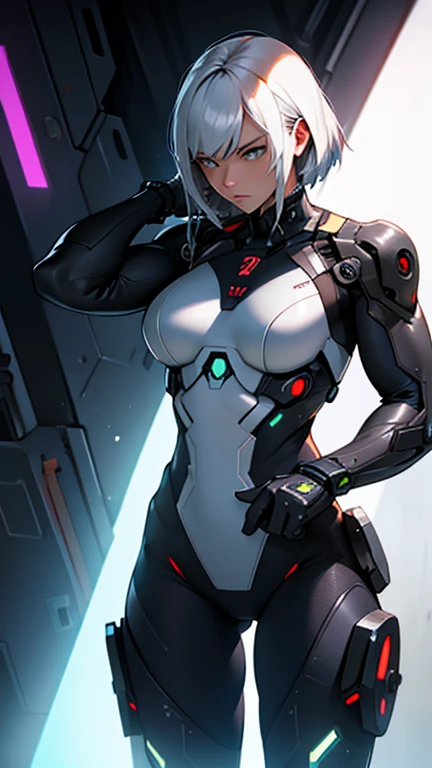 Beautiful cybernetic girl in black mobile cybernetic battle suit detailed muscles realistic masterpieces full figure pose (best quality,ultra-detailed), white-haired girl, vibrant blue eyes, large high ponytail, fair skin, fit body, slim figure, narrow waist, large buttocks, (confident expression), black cybernetic battle spacesuit, space between thighs, confident facial expression