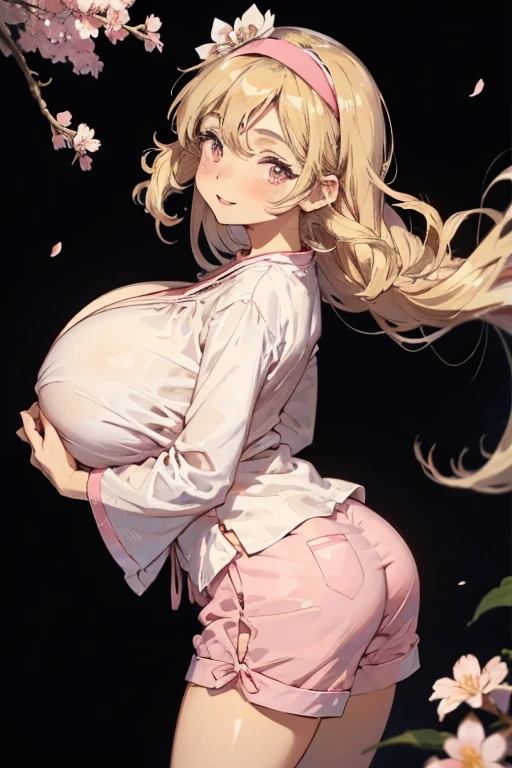 Best quality, solo mature woman, gigantic breasts, huge ass, voluptuous, bimbo, long curly ash blonde hair, soft headband, cherry blossom pink eyes, full lips, seductive, smiling, cute pj top, cute pj shorts, love handles, anime style, flat vector art