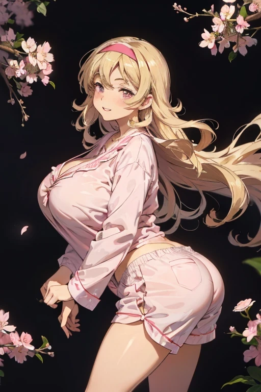 Best quality, solo mature woman, gigantic breasts, huge ass, voluptuous, bimbo, long curly ash blonde hair, soft headband, cherry blossom pink eyes, full lips, seductive, smiling, cute pj top, cute pj shorts, love handles, anime style, flat vector art