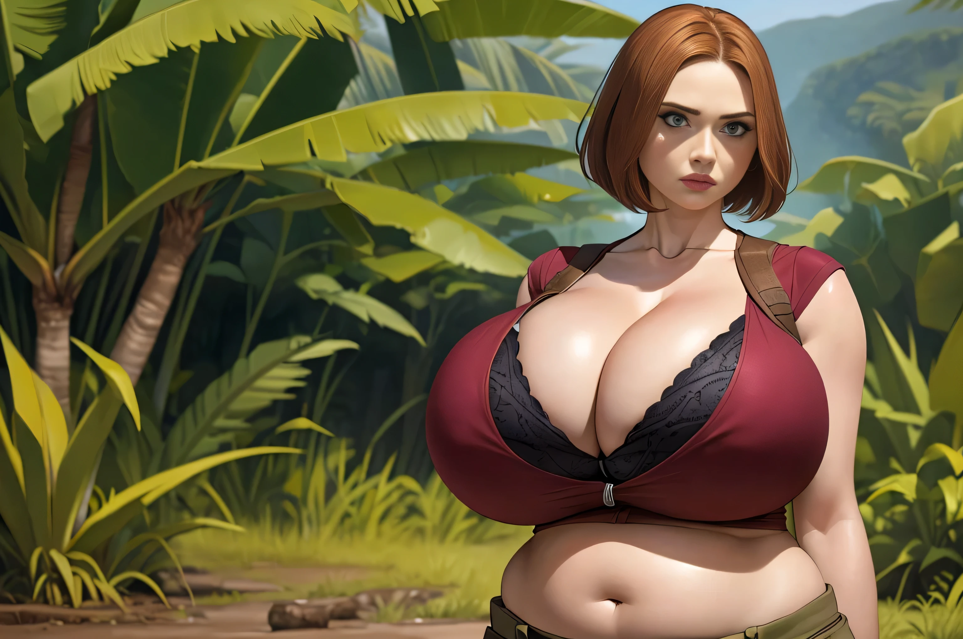 Karen Gillan, masterpiece quality, (masterpiece quality:1.5), high res, realistic, lots of detail, alone, 1girl, (1girl:1.9), solo, (solo:1.9), in a jungle, ancient ruins in background, wearing red blouse, midriff, (midriff:1.5), wearing khaki cargo shorts, short hair, thin body, chubby belly, (chubby belly:1.3), huge breasts, (huge breasts:1.5), lots of cleavage, (cleavage:1.5),