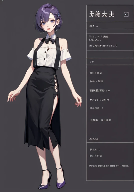 ((Perfect Face)),Purple Hair,short hair,1 female,bartender,,Black vest,skirt,slit,High heels,((Simple light color background)),((smile)),((whole body)),((whole body)),Portraits,Character Sheet,upright,expensive