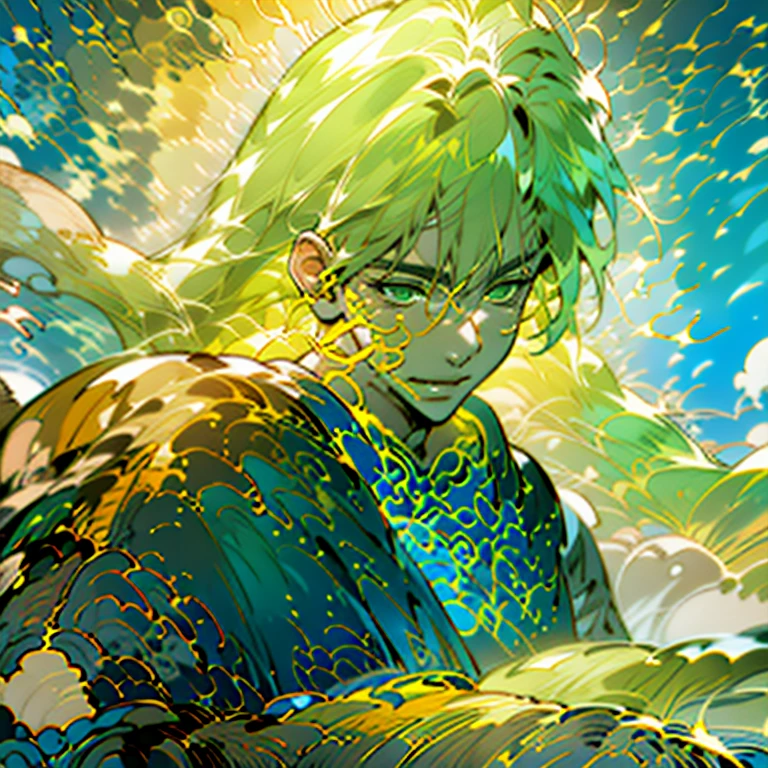 (best quality, highres, ultra-detailed, realistic:1.37), (bright, vibrant) green-eyed (young man), with (beautiful, flowing) (Sandy hair) invoking the (power of nature). The (sandy-haired man) stands tall in a (lush, enchanted) (forest), surrounded by towering (ancient trees) and (colorful, blooming) (flowers). The (wind) whips through his (hair), gently rustling the leaves and petals around him. He extends his hands towards the (sky), where (rays of sunlight) break through the canopy, illuminating the (lush) greenery with a (golden glow). (Leaves) and (flowers) swirl around him, twirling and dancing in response to his command. With a serene expression on his face and eyes filled with (determination), he channels the raw (energy of nature), harnessing it to protect and restore the balance of the (natural world).